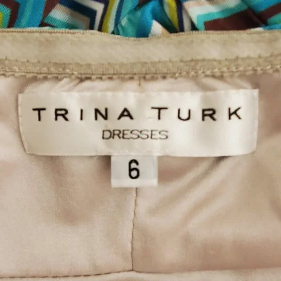 Trina Turk Ruched Sweetheart Halter Midi Dress | EUC | 6 | Blue Tan Multicolor - Picture 13 of 15